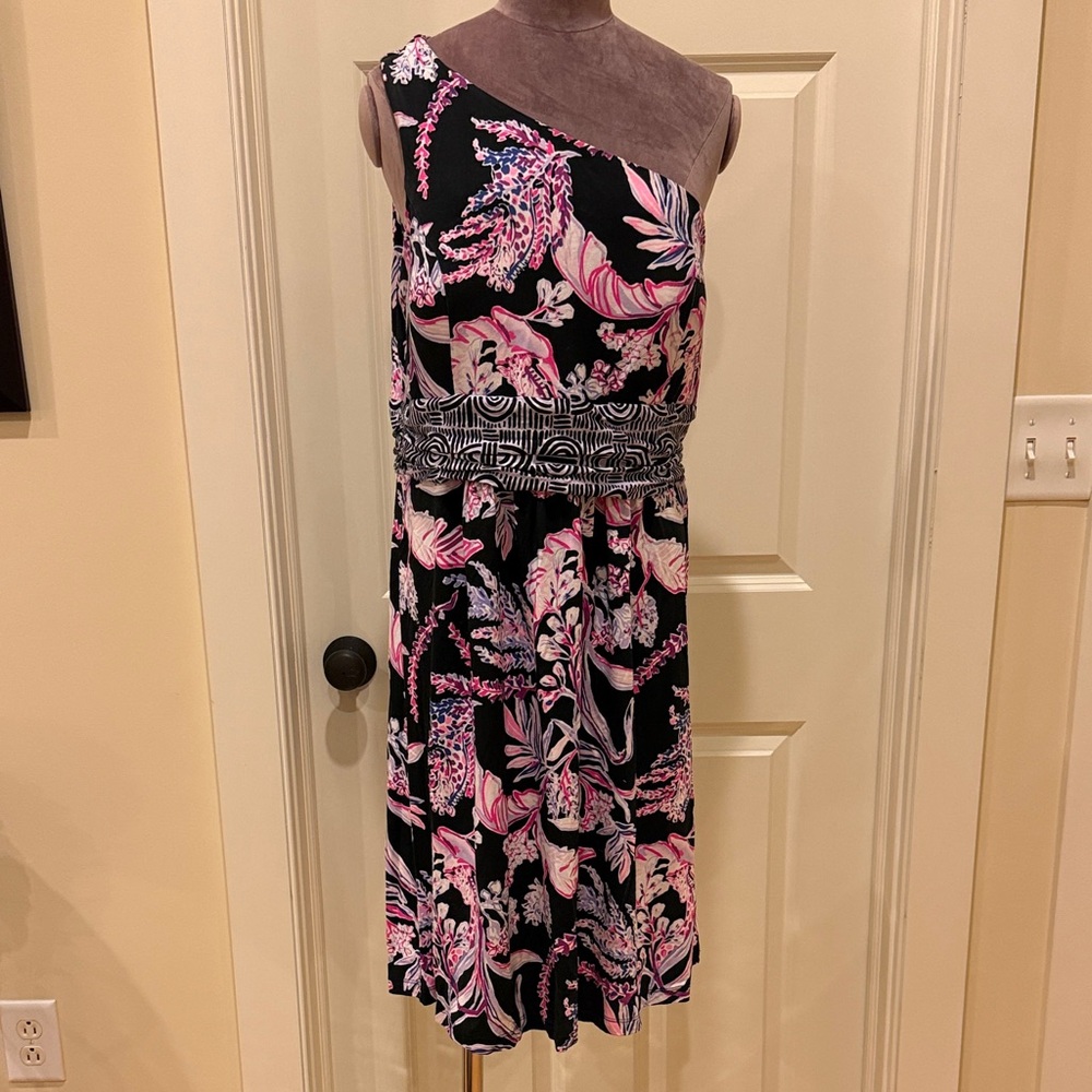 Lilly Pulitzer XL Black One-Shoulder Floral Dress with Pink Accents